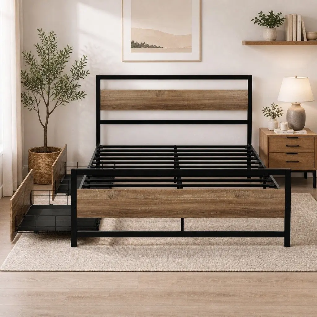 Industrial Queen Bed Frame with Storage Drawers