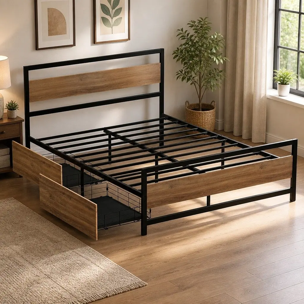 Industrial Queen Bed Frame with Storage Drawers