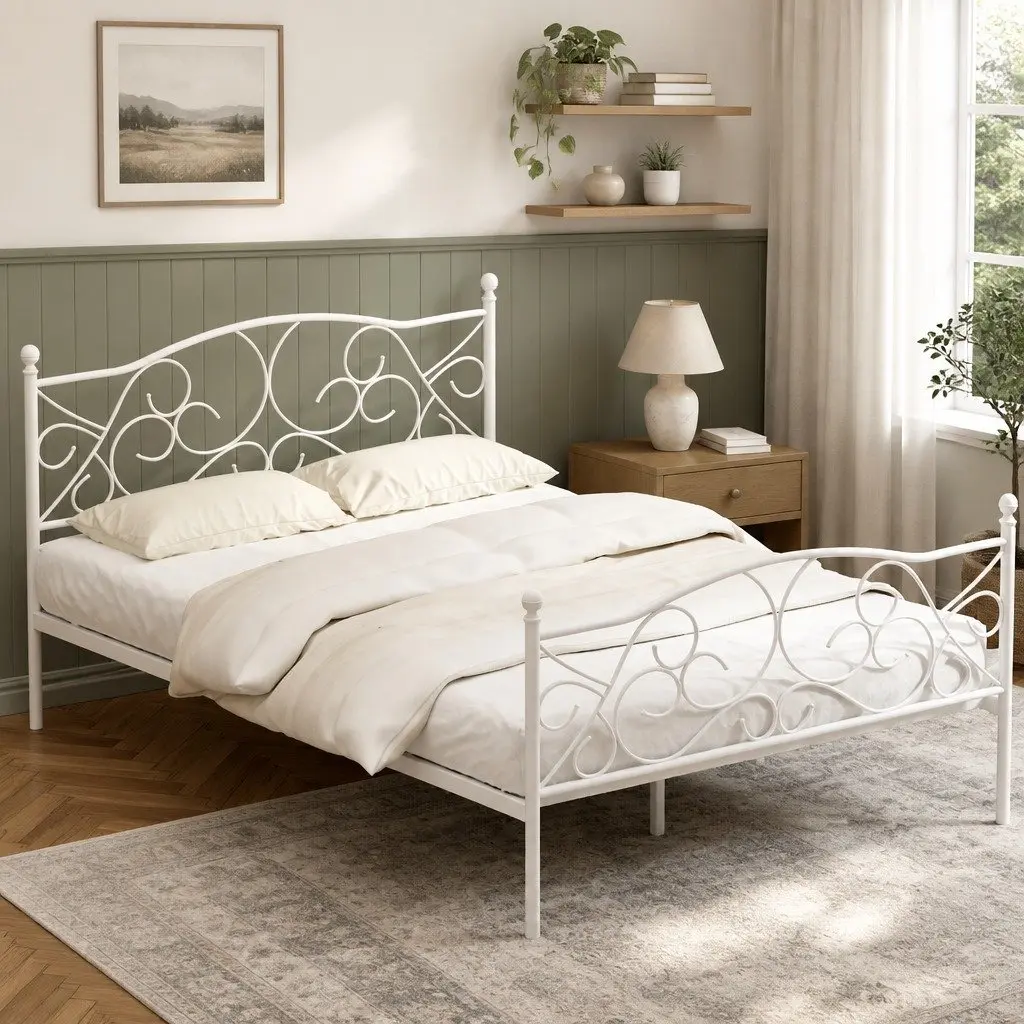 Double Bed Frame Metal White Hollow Out Headboard 192x140x93cm