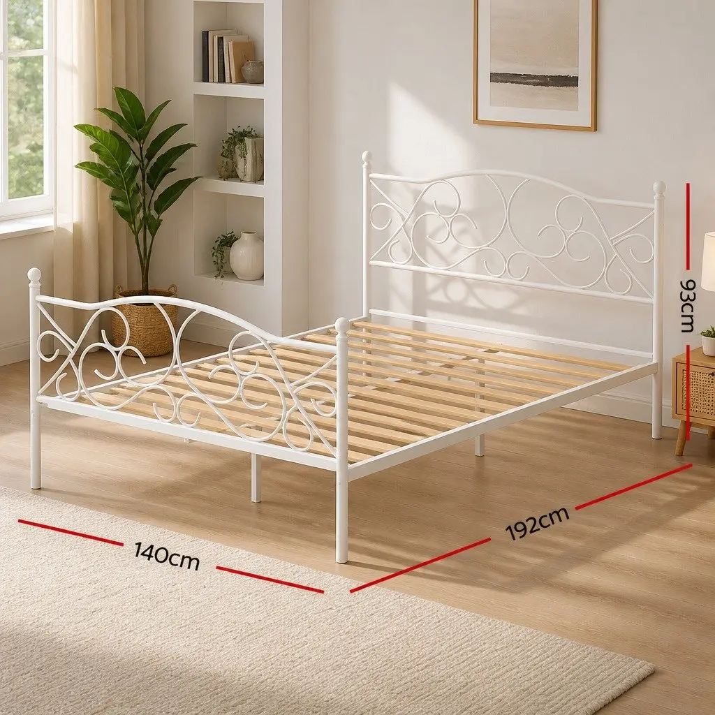 Double Bed Frame Metal White Hollow Out Headboard 192x140x93cm