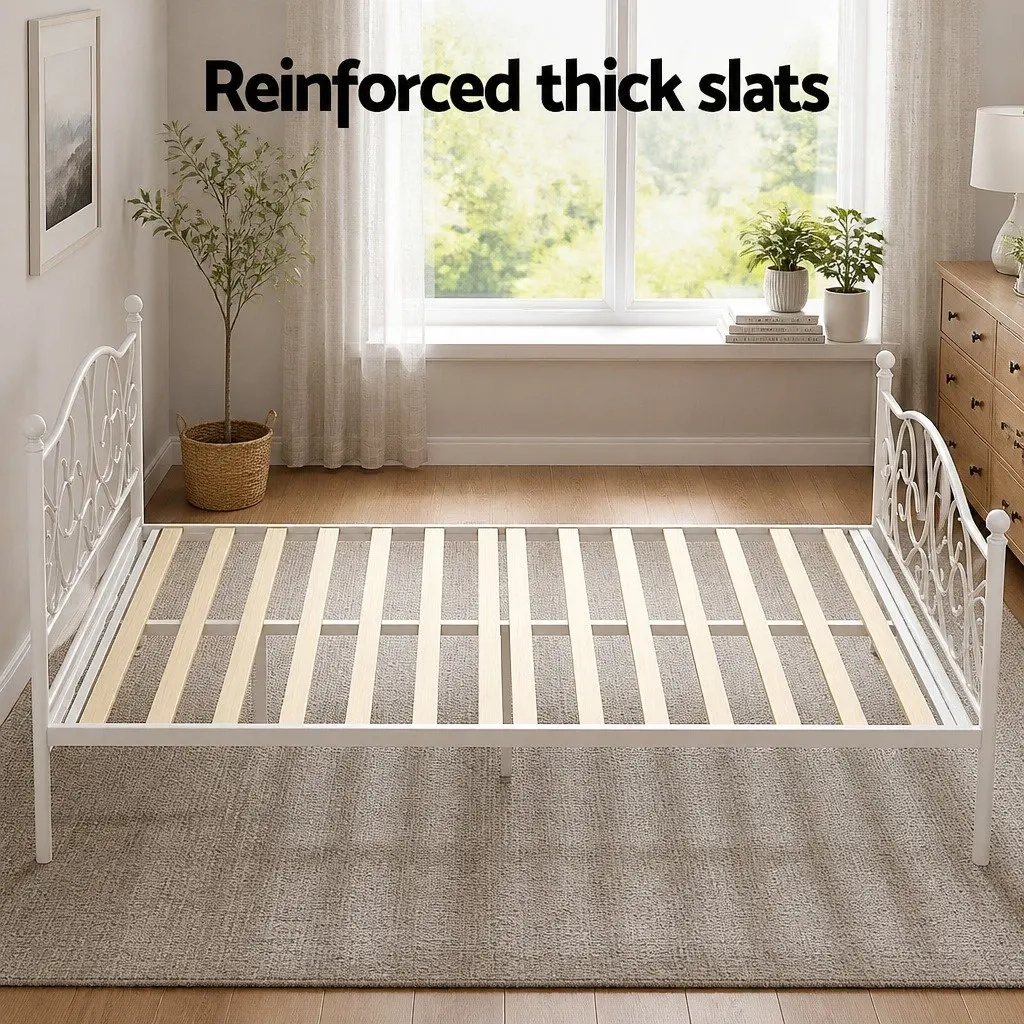 Double Bed Frame Metal White Hollow Out Headboard 192x140x93cm