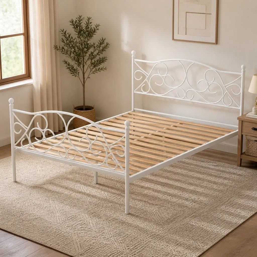 Double Bed Frame Metal White Hollow Out Headboard 192x140x93cm