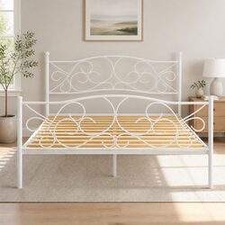 Queen Size Metal Bed Frame with Hollow Design in White