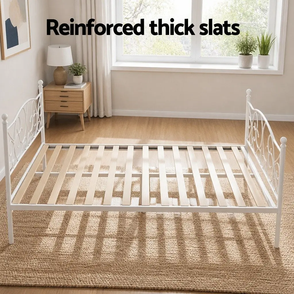 Queen Size Metal Bed Frame White Hollow Design Bedroom Furniture Platform Slats