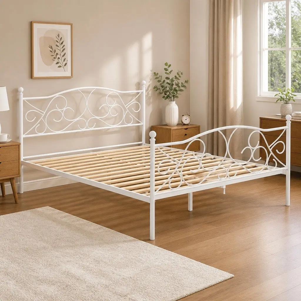 Queen Size Metal Bed Frame White Hollow Design Bedroom Furniture Platform Slats