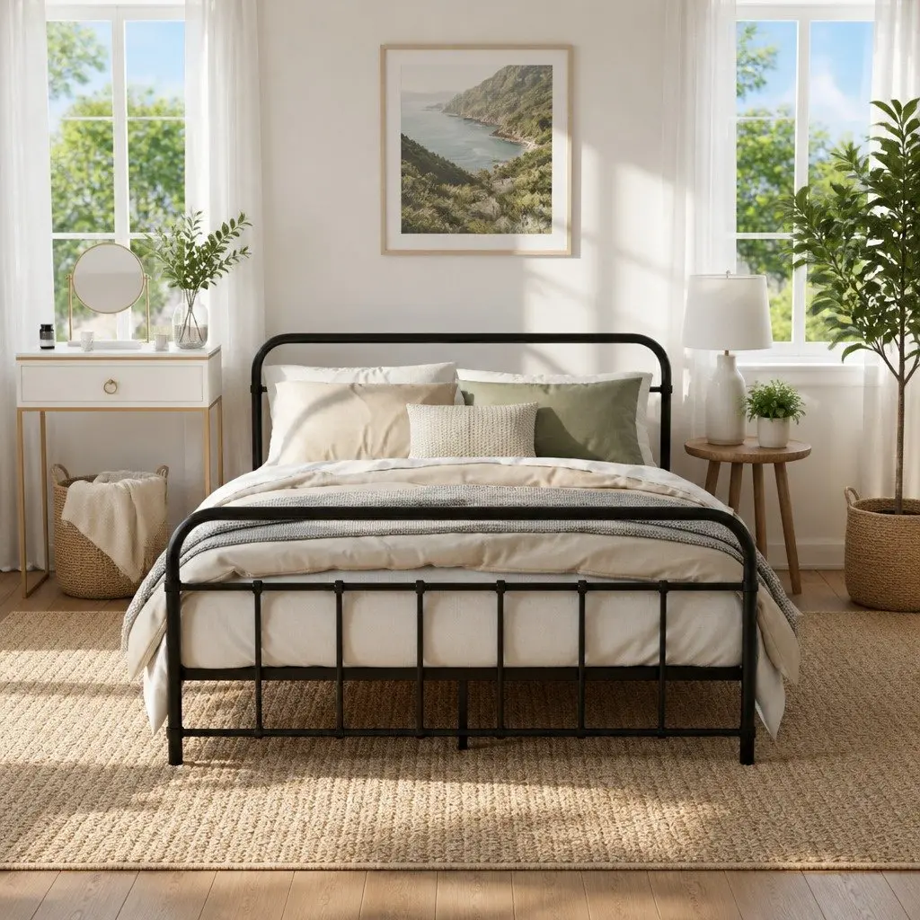 Black Metal Bed Frame with Steel Slat Support