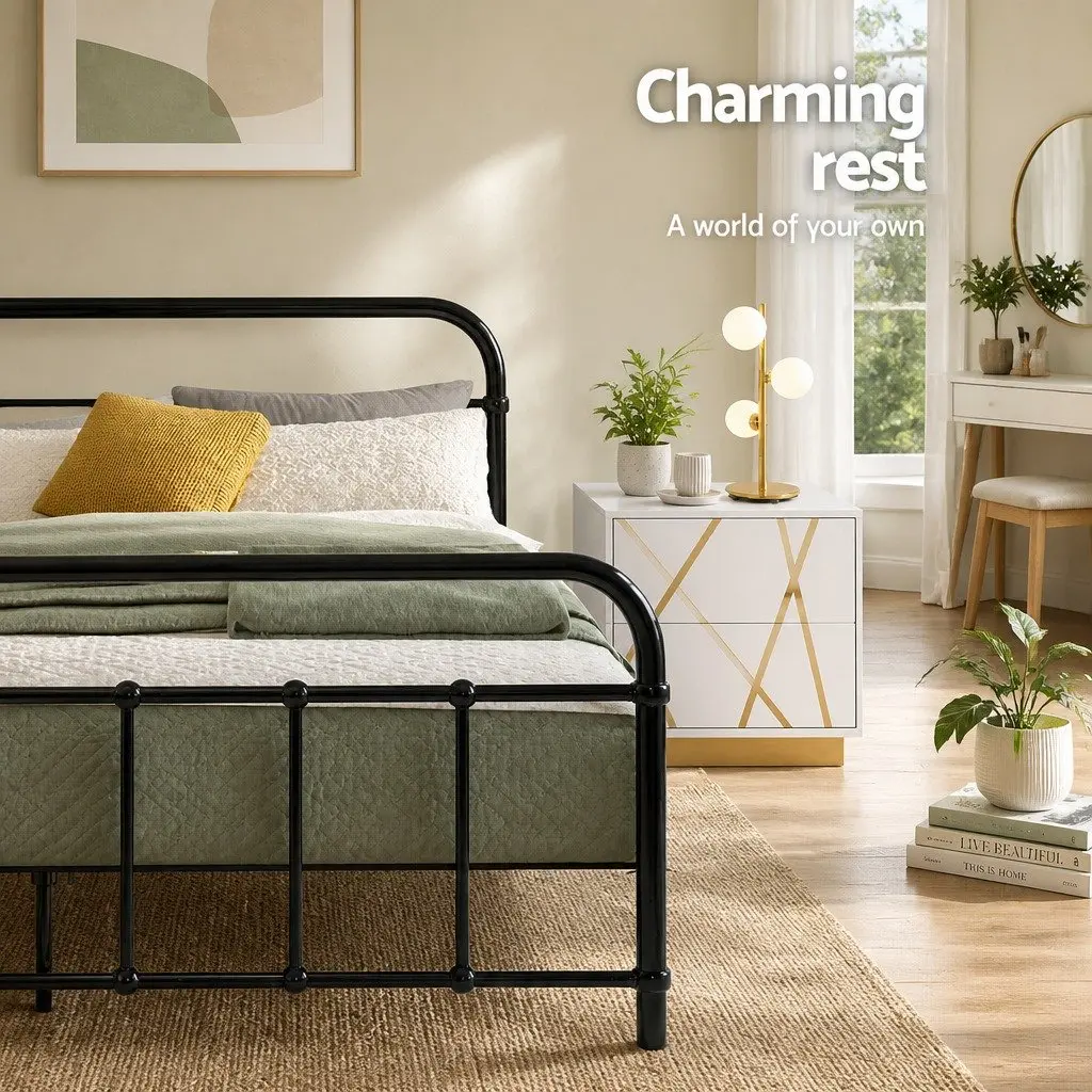 Black Metal Bed Frame with Steel Slat Support