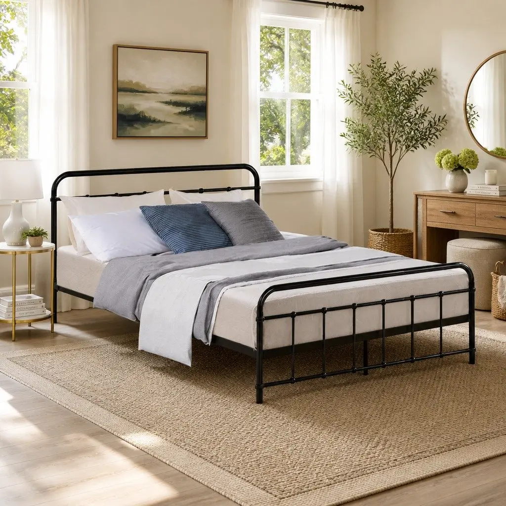 Black Metal Bed Frame with Steel Slat Support