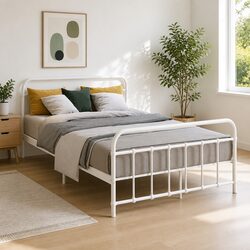 Sturdy Country Style Double Metal Bed Frame in White