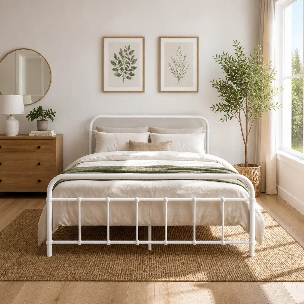 Double Bed Frame Powder-coated Steel Standard Size White Country Style