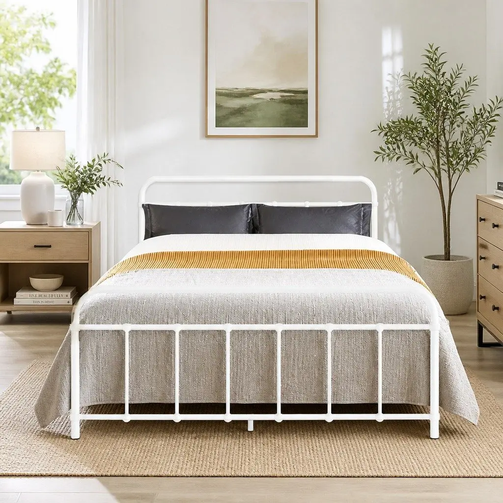 Double Bed Frame Powder-coated Steel Standard Size White Country Style