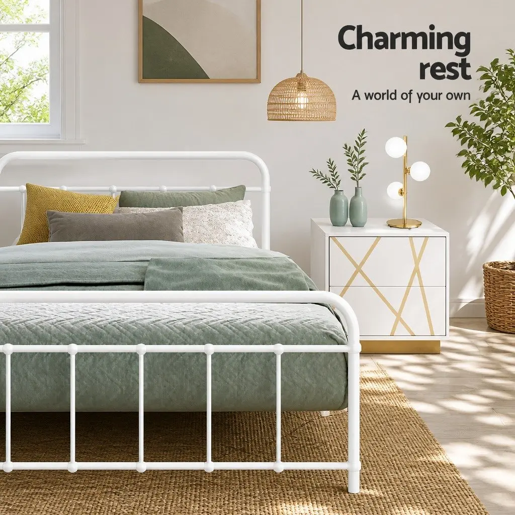 Double Bed Frame Powder-coated Steel Standard Size White Country Style