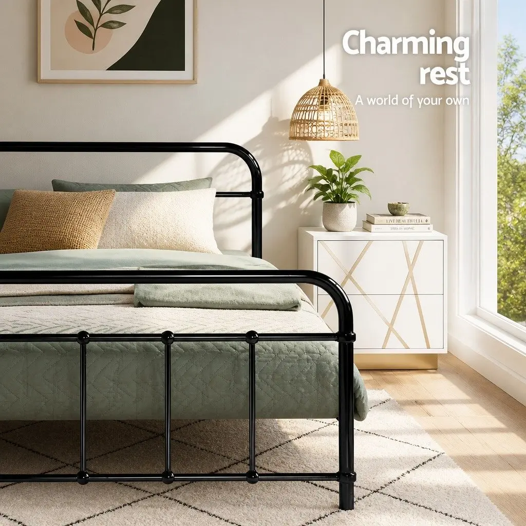Queen Bed Frame Powder-Coated Steel Country Style Black