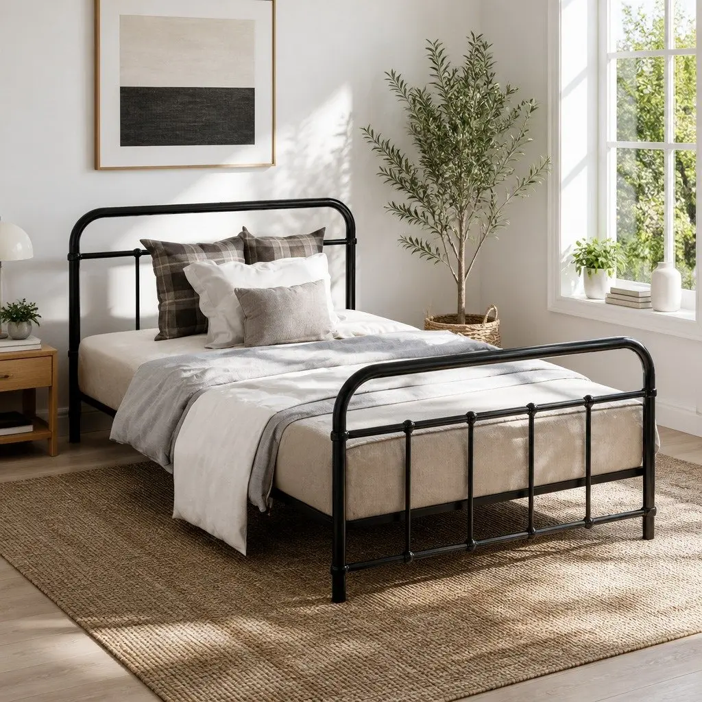 Single Metal Bed Frame Black Country Style Steel Bedroom Furniture Storage