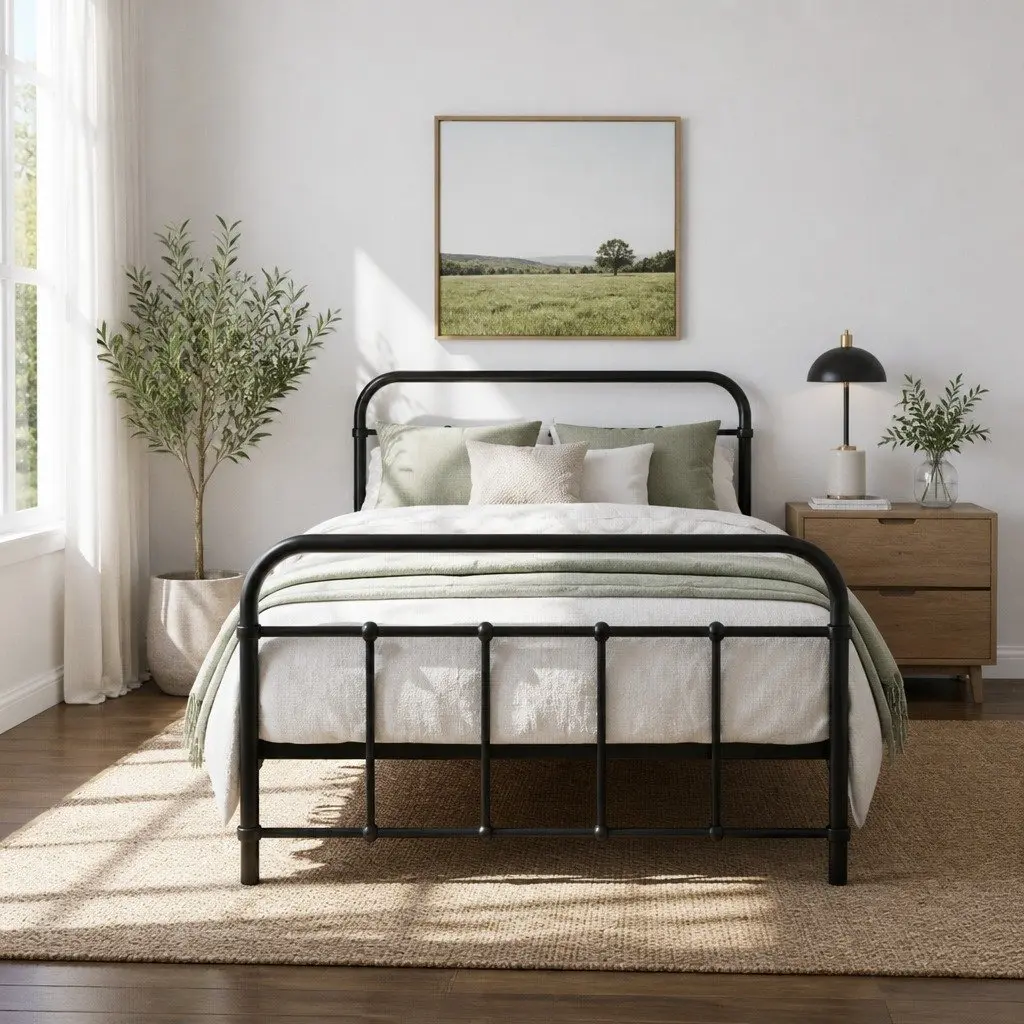 Single Metal Bed Frame Black Country Style Steel Bedroom Furniture Storage