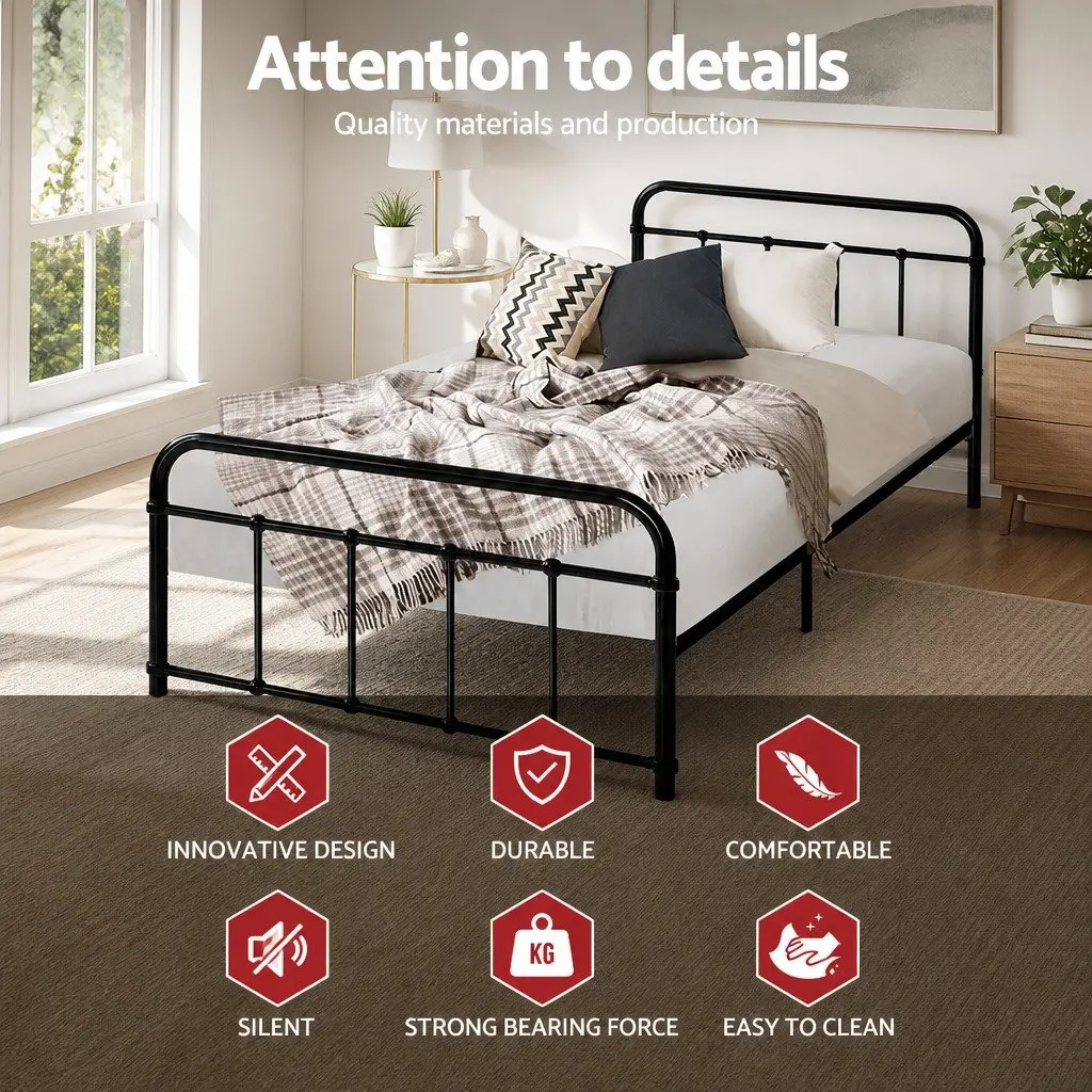 Single Metal Bed Frame Black Country Style Steel Bedroom Furniture Storage