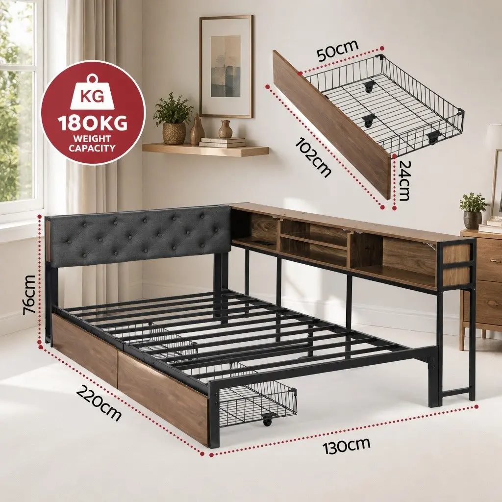 King Single Bed Frame with Storage & Charging