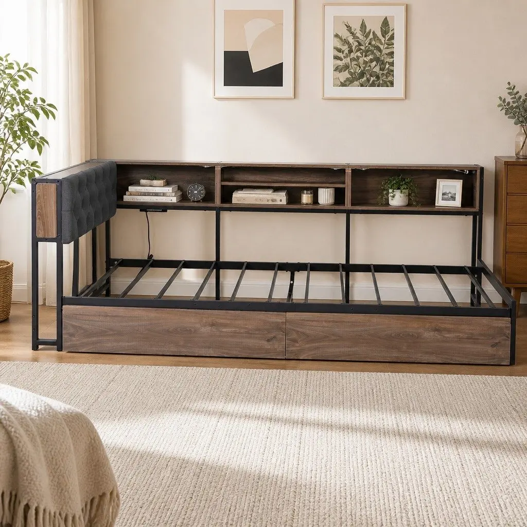 King Single Bed Frame with Storage & Charging