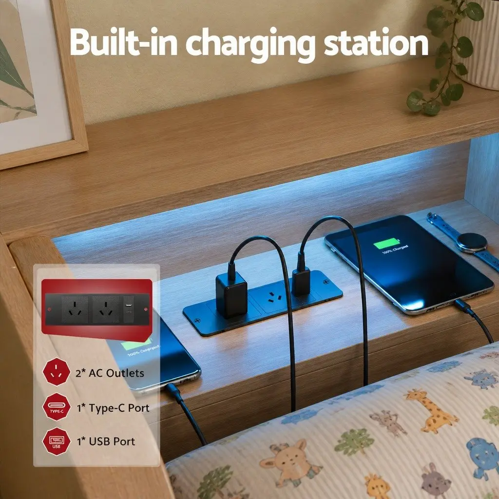 King Single Bed Frame with Storage & Charging