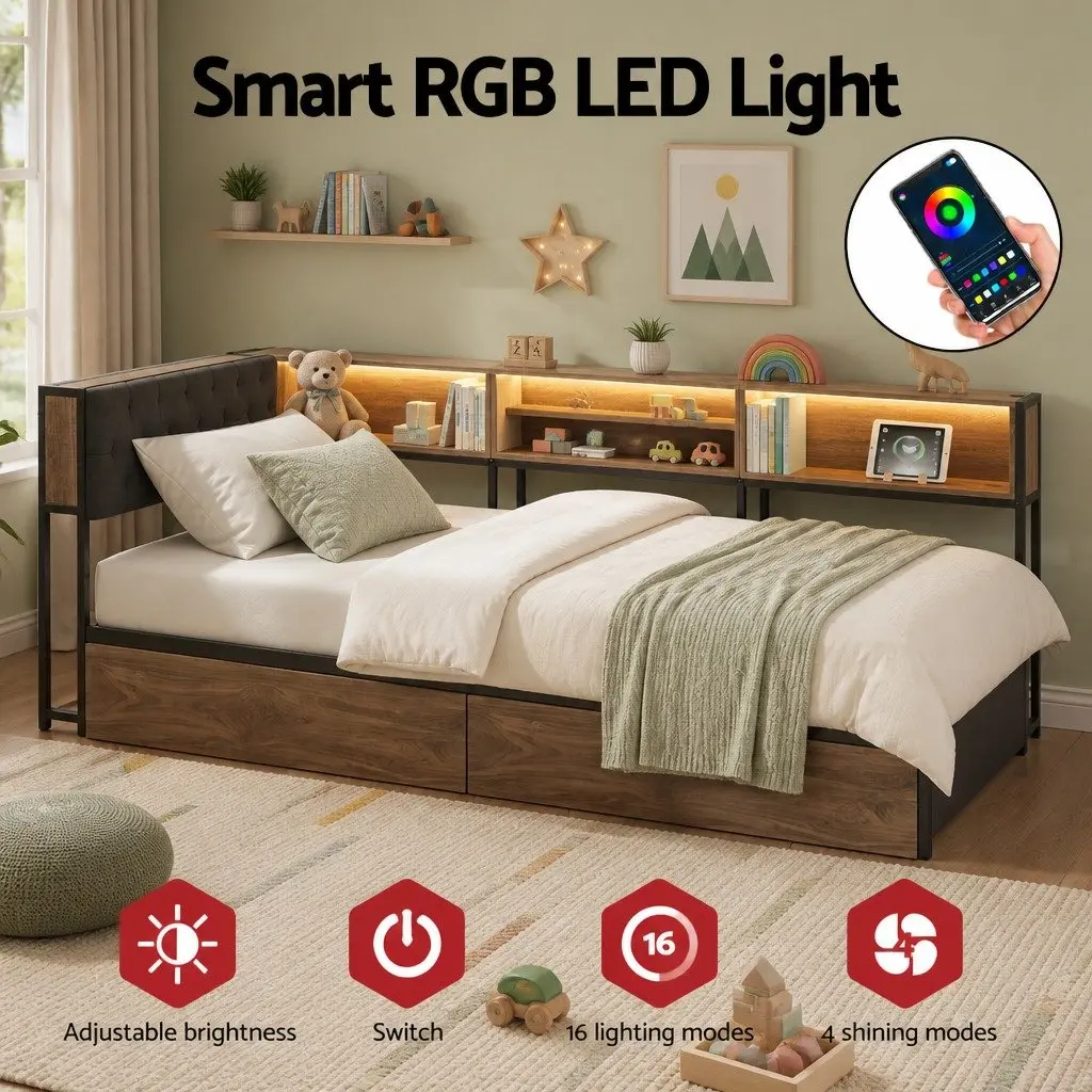 King Single Bed Frame with Storage & Charging