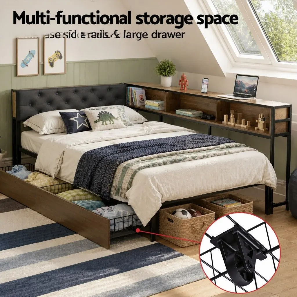 King Single Bed Frame with Storage & Charging
