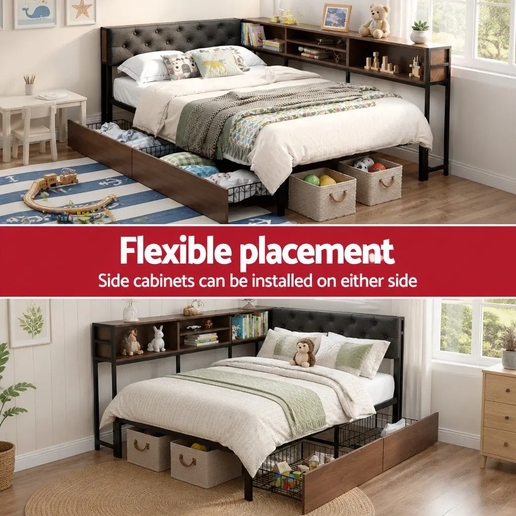 King Single Bed Frame with Storage & Charging