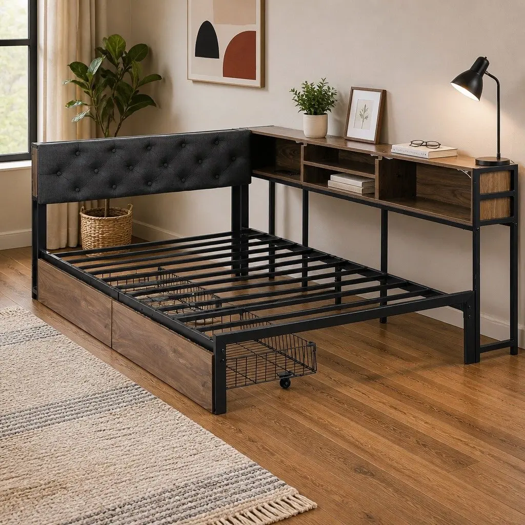 King Single Bed Frame with Storage & Charging