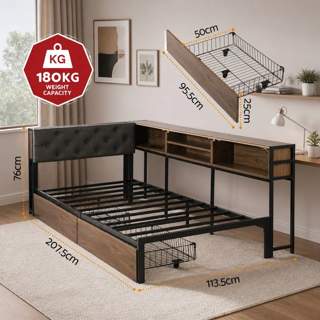Metal Single Bed Frame with Storage & Charging Station