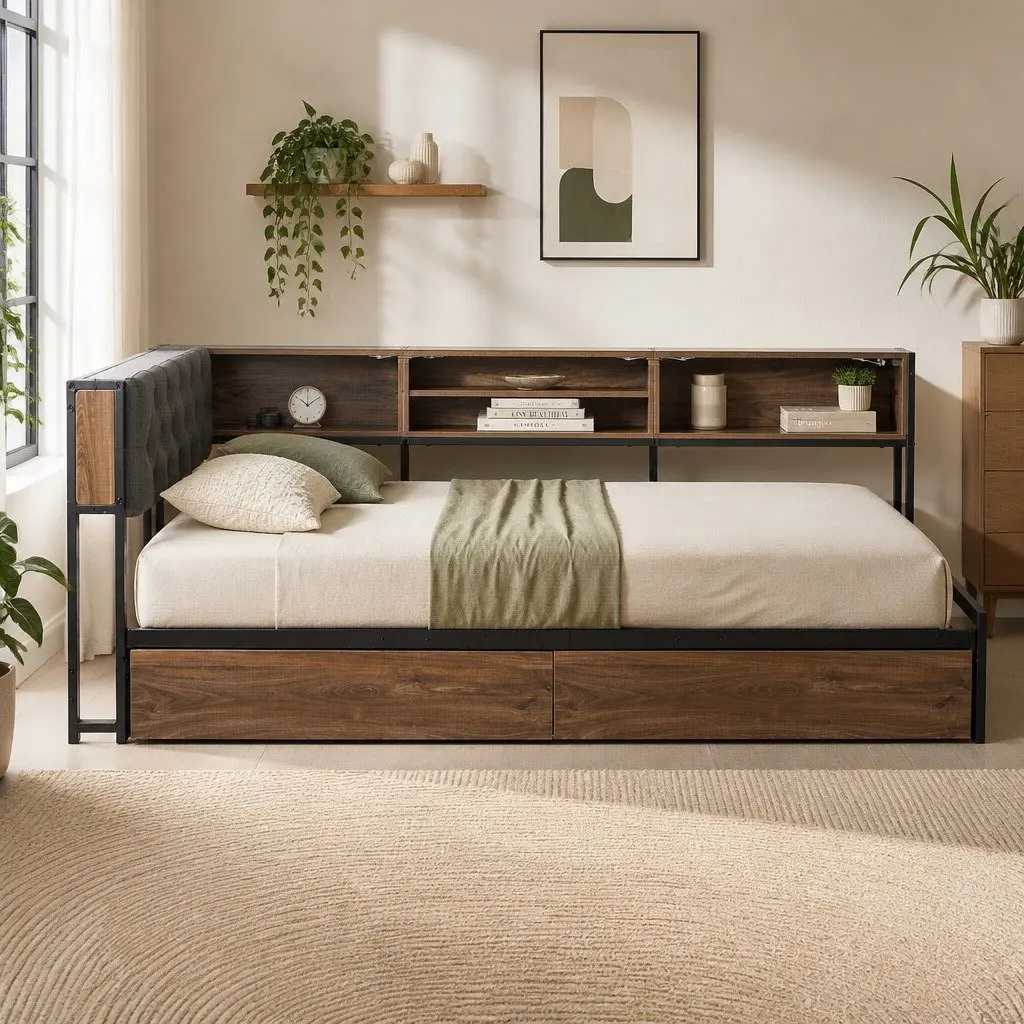 Metal Single Bed Frame with Storage & Charging Station