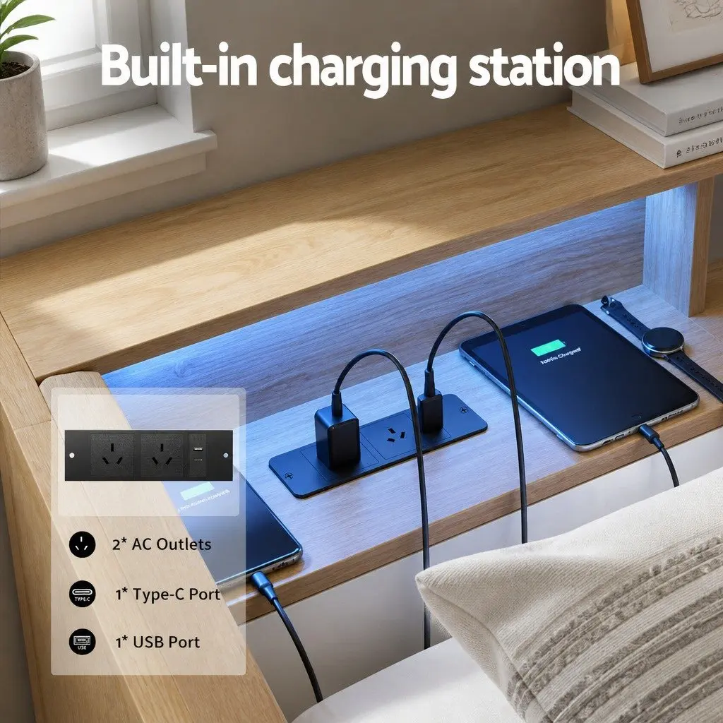 Metal Single Bed Frame with Storage & Charging Station