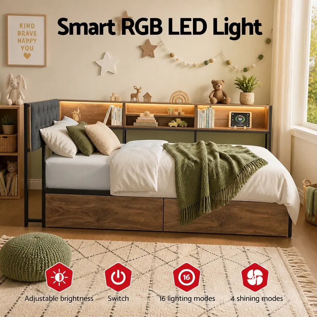Metal Single Bed Frame with Storage & Charging Station