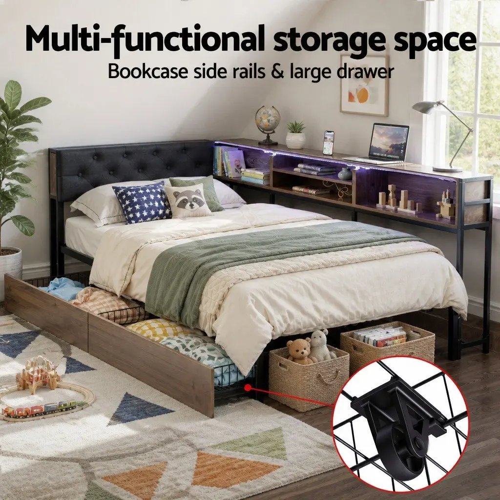 Metal Single Bed Frame with Storage & Charging Station