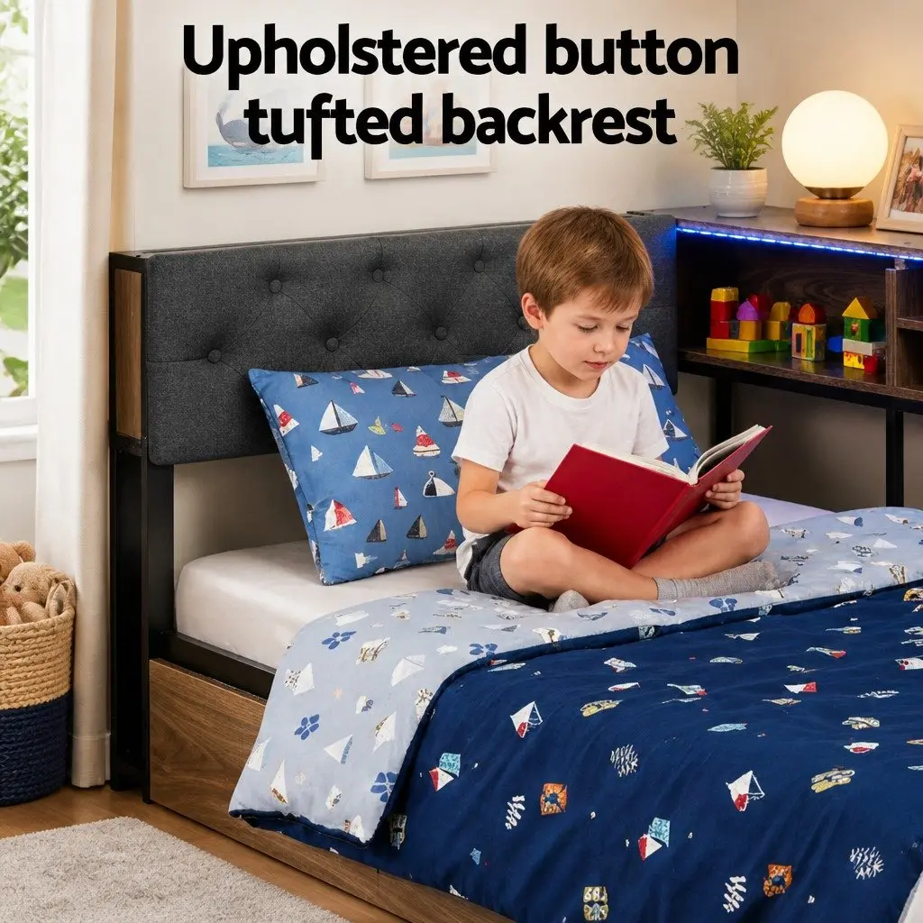 Metal Single Bed Frame with Storage & Charging Station