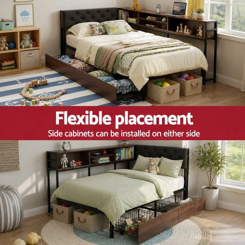Metal Single Bed Frame with Storage & Charging Station