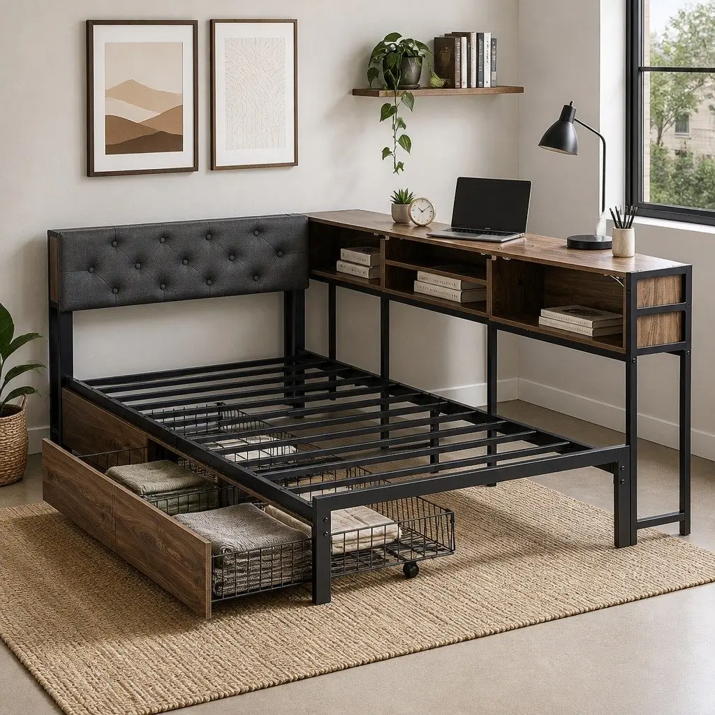 Metal Single Bed Frame with Storage & Charging Station
