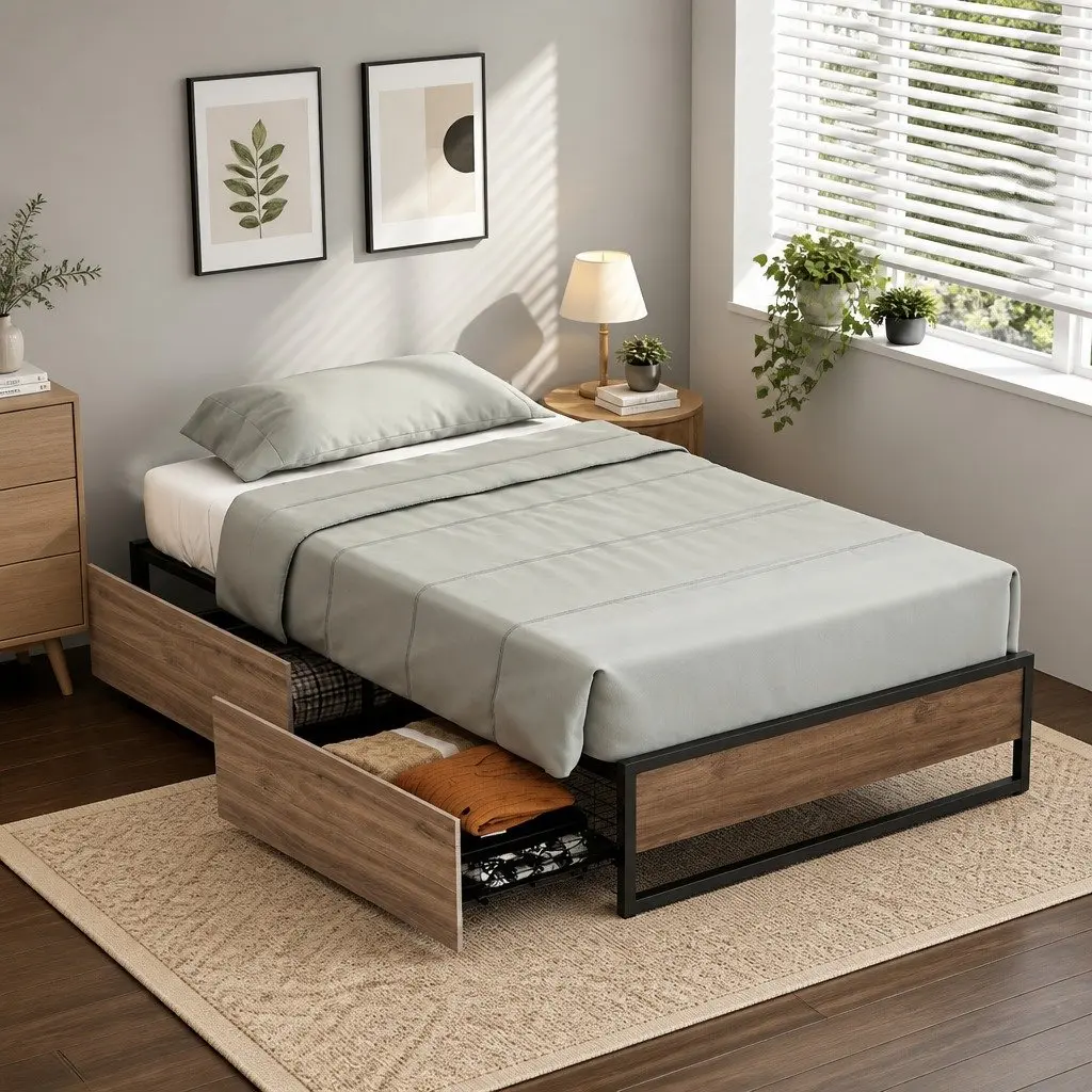 Industrial-Style King Single Metal Bed Frame with Storage
