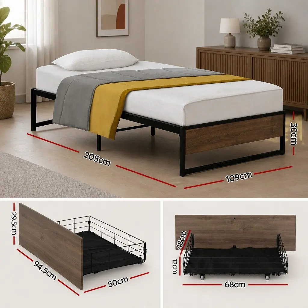 Industrial-Style King Single Metal Bed Frame with Storage