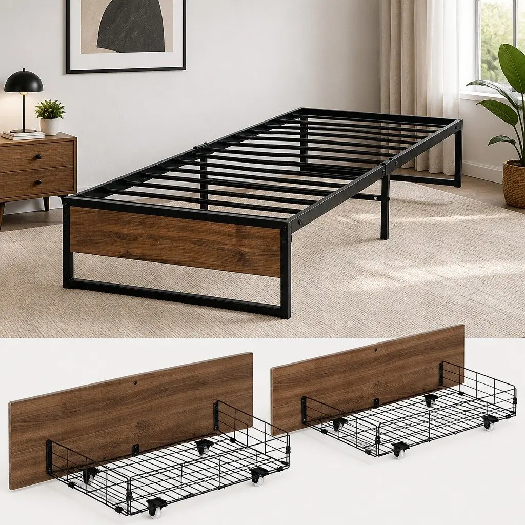 Industrial-Style King Single Metal Bed Frame with Storage