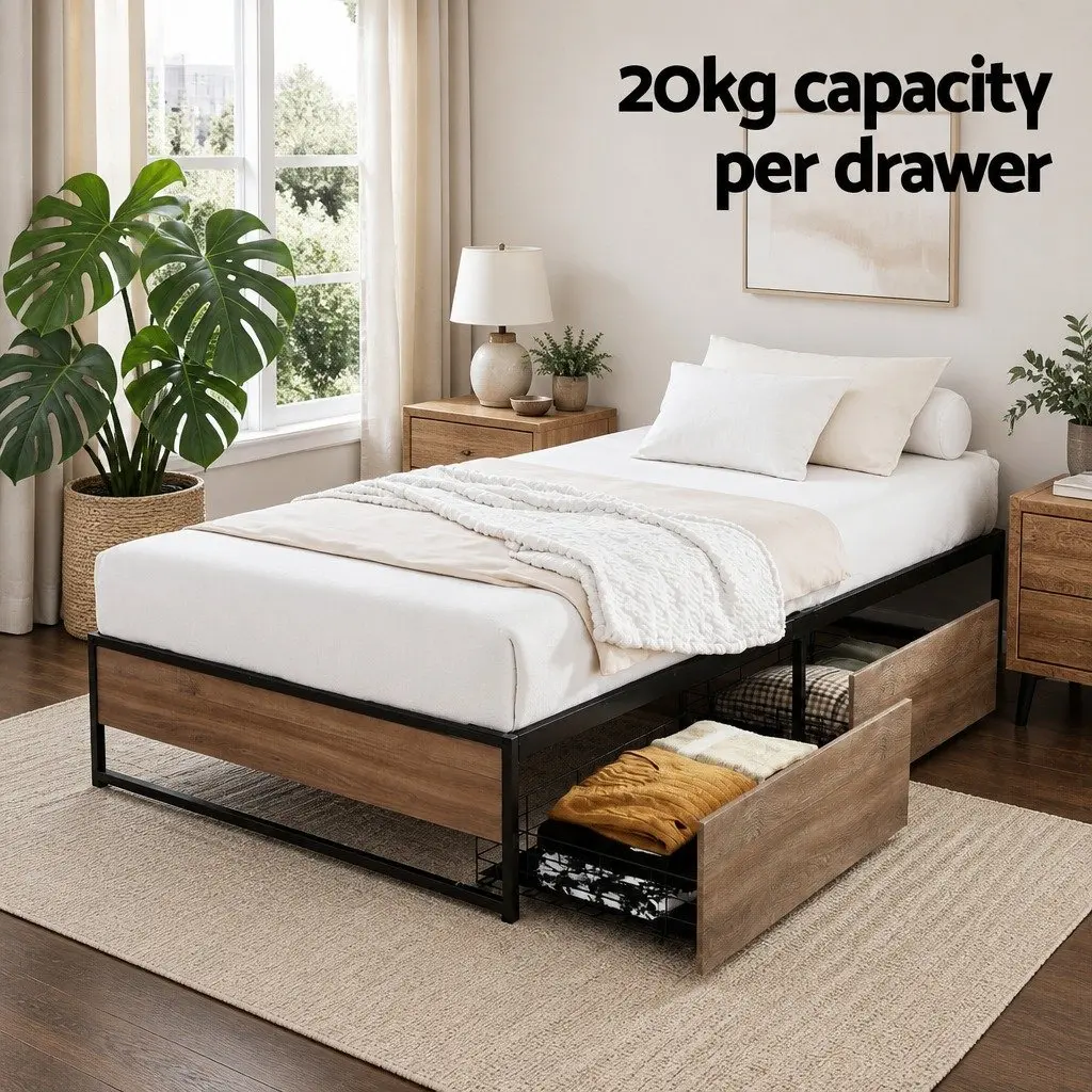 Industrial-Style King Single Metal Bed Frame with Storage