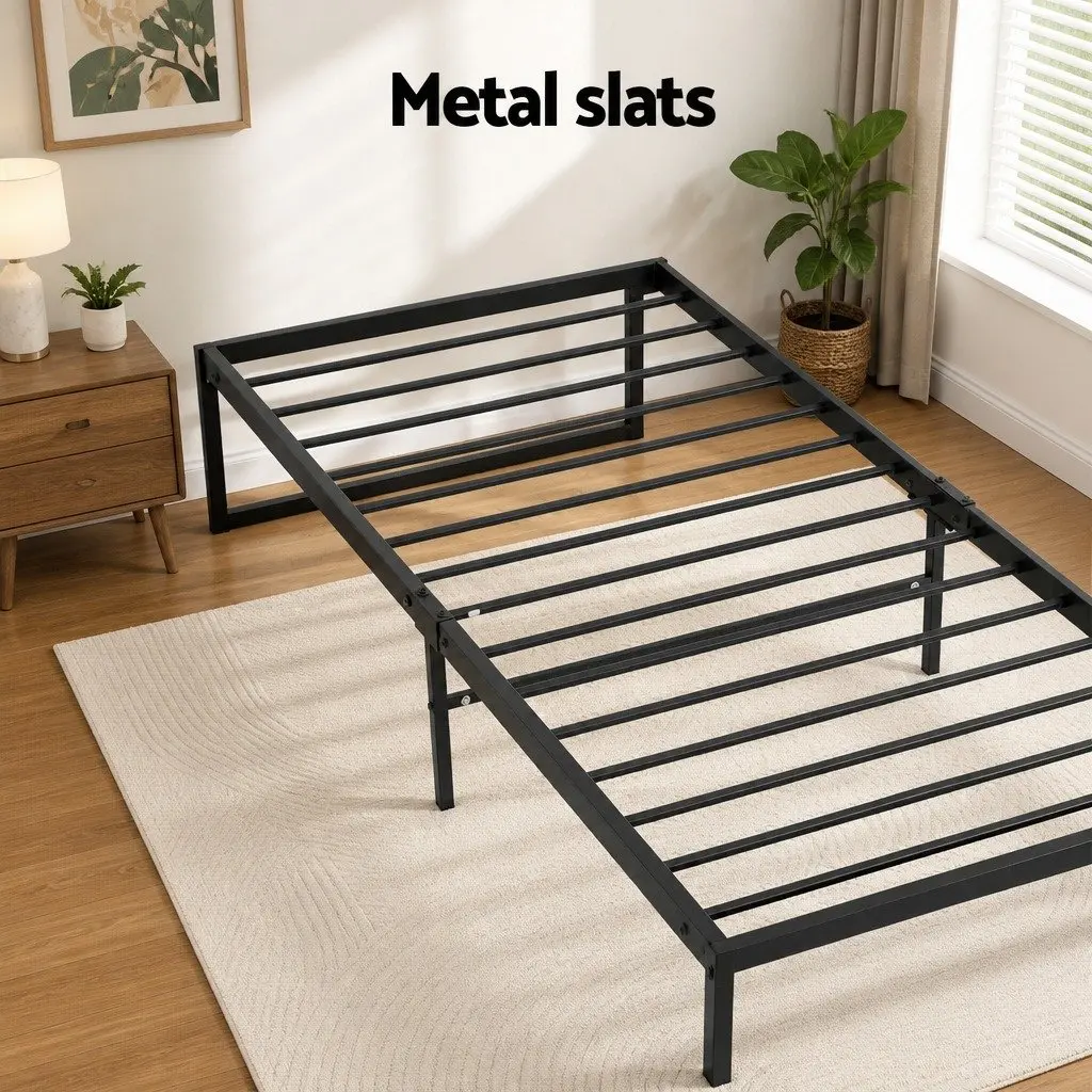 Industrial-Style King Single Metal Bed Frame with Storage