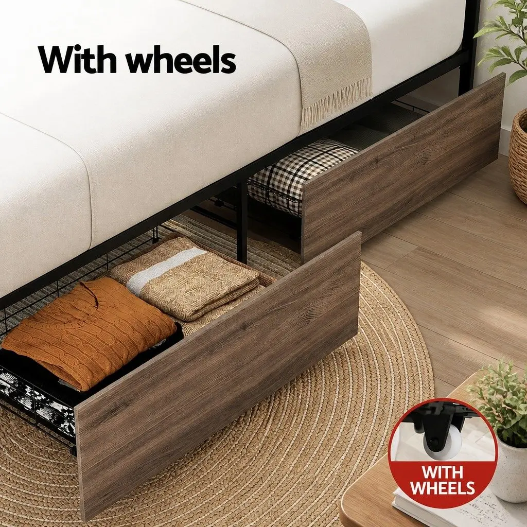 Industrial-Style King Single Metal Bed Frame with Storage