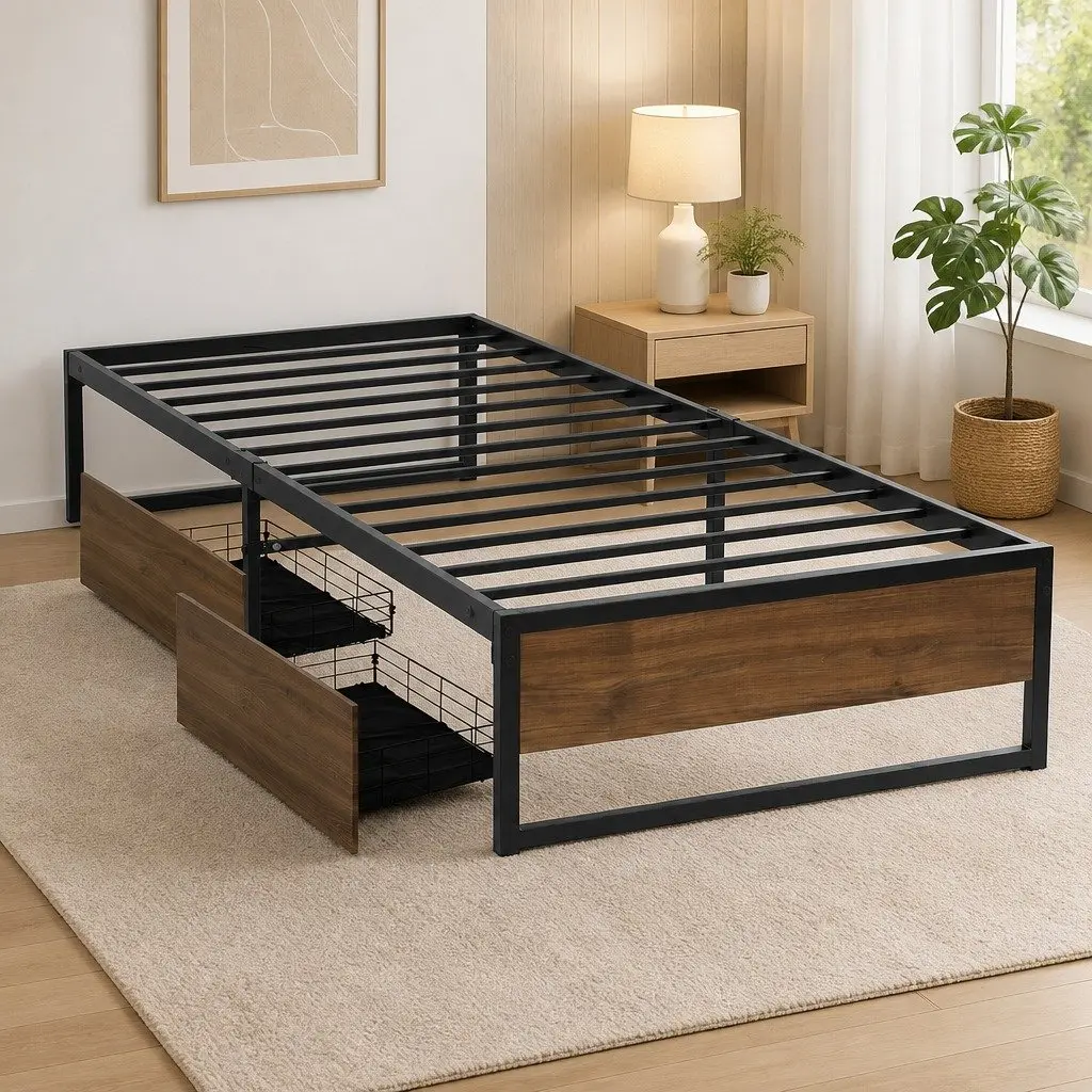 Industrial-Style King Single Metal Bed Frame with Storage