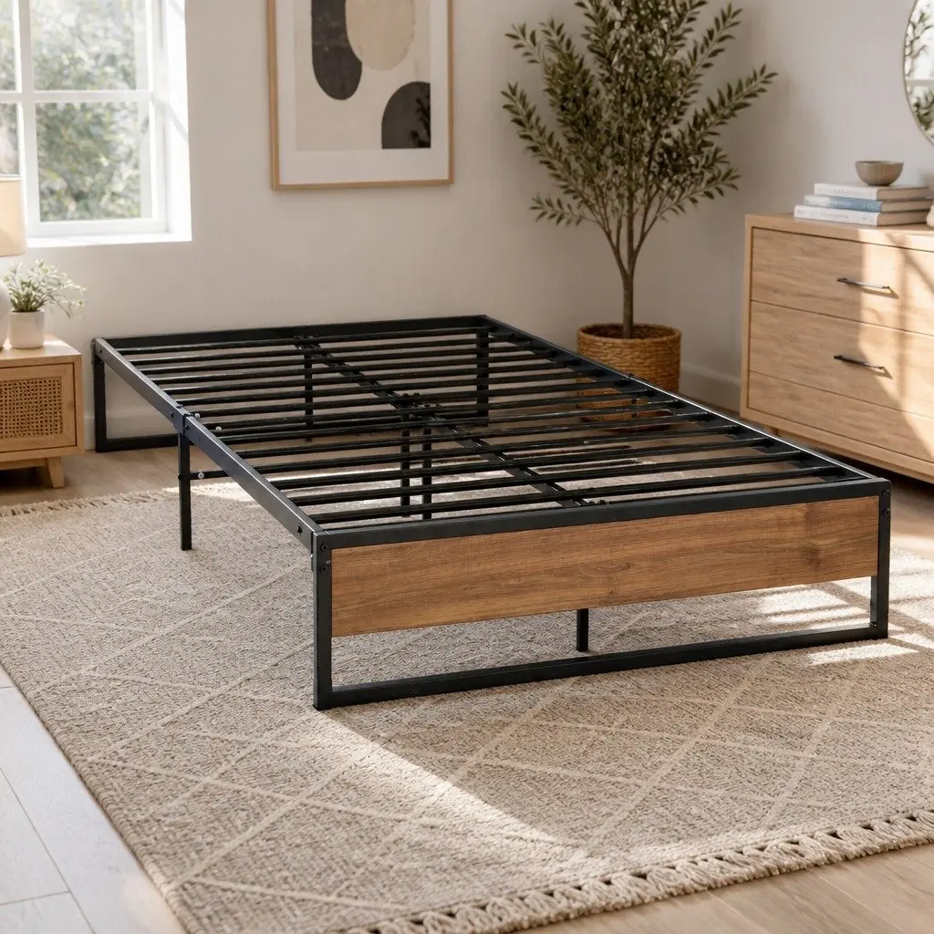 Metal Bed Frame King Single Industrial Design Steel MDF Black Bedroom Furniture