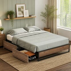 Industrial Queen Size Bed Frame with Storage Drawers