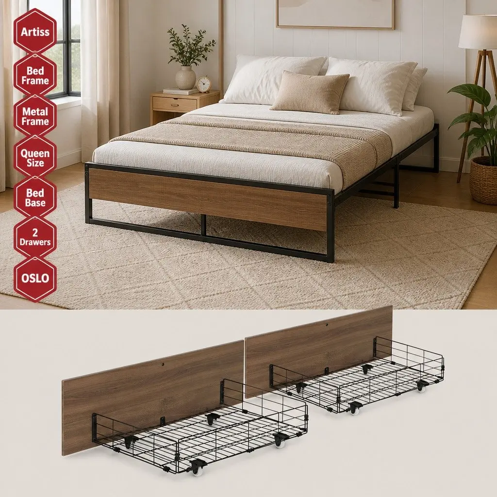Queen Size Bed Frame with 2 Storage Drawers Metal Steel Base Industrial Design