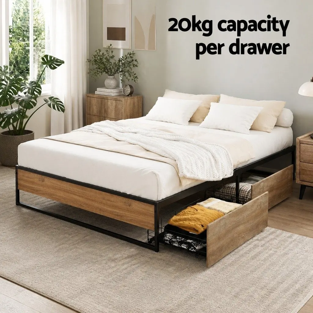 Queen Size Bed Frame with 2 Storage Drawers Metal Steel Base Industrial Design