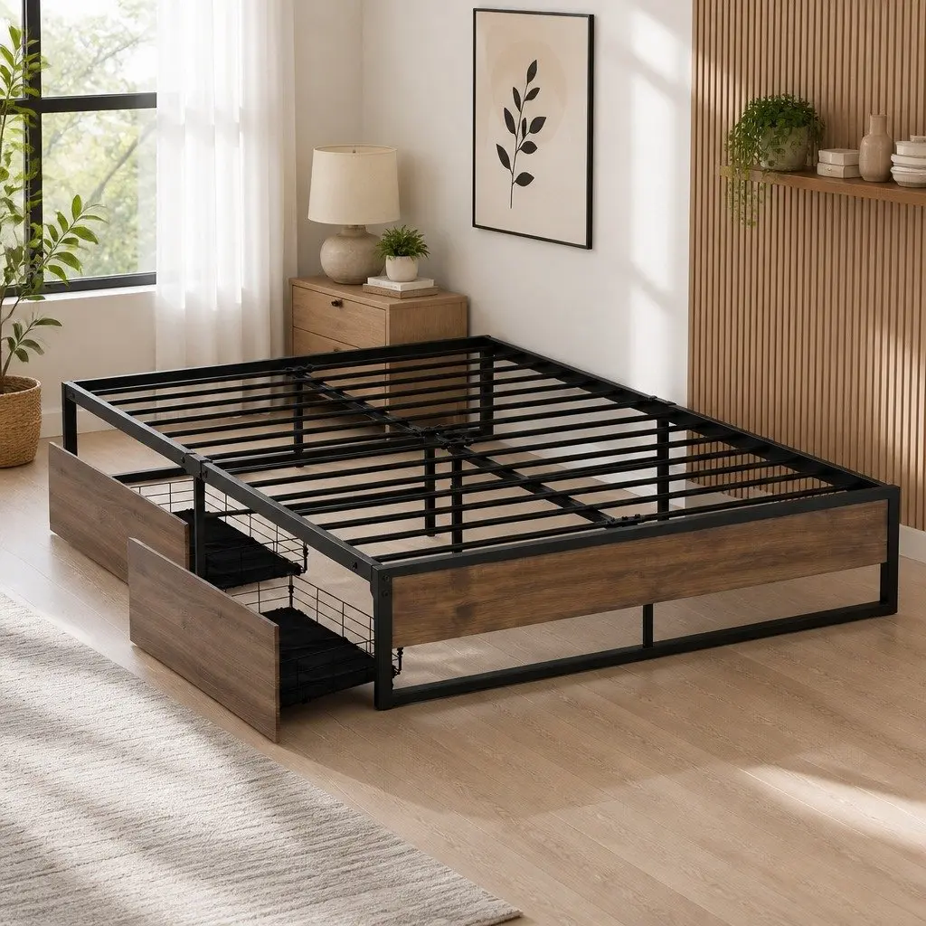 Queen Size Bed Frame with 2 Storage Drawers Metal Steel Base Industrial Design