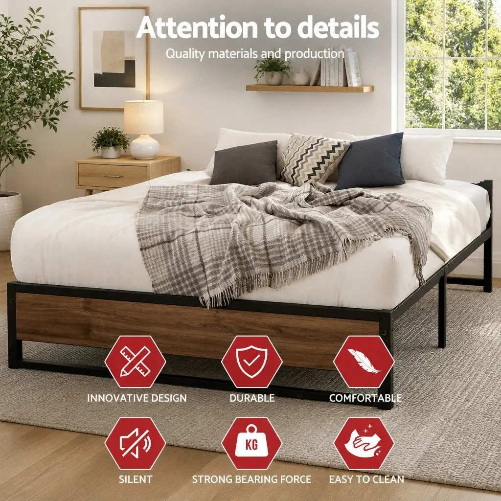 Queen Metal Bed Frame Industrial Design Steel MDF Black Bedroom Furniture Base