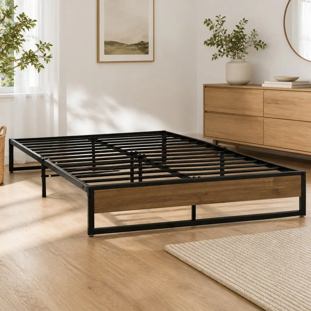 Queen Metal Bed Frame Industrial Design Steel MDF Black Bedroom Furniture Base