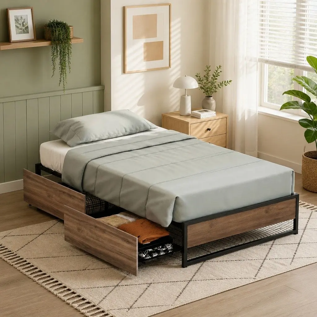 Single Bed Frame with 2 Storage Drawers